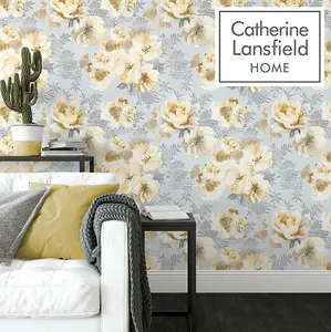 Catherine Lansfield Ochre Floral Pearl Effect Embossed Wallpaper