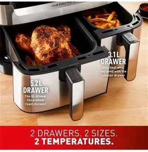 Tefal Easy Fry Dual Drawer Air Fryer, 8.3L, Stainless Steel