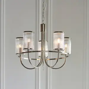 Luminosa Genoa Multi Arm Glass Pendant Ceiling Lamp, Bright Nickel Plate, Ribbed Bubble Glass