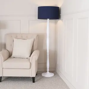 ValueLights Victoria Traditional White Wood Candlestick Floor Lamp with Navy Blue Drum Shade