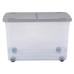 5 x Wham 44L Stackable Plastic Storage Box with Wheels & Folding Lid Clear/Cool Grey