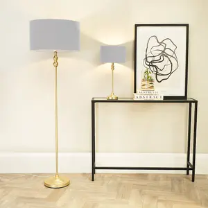 ValueLights Maggie Gold Metal Candlestick Floor Lamp with Grey Fabric Lamp Shade and LED Bulb