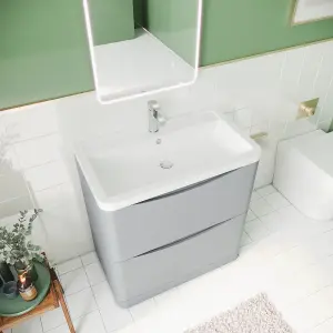 Floor Standing 2 Drawer Vanity Basin Unit with Polymarble Basin, 800mm - Satin Grey