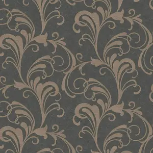 Rasch Scroll Charcoal Black Metallic Bronze Glitter Textured Wallpaper 301861