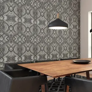 Hoopla Walls Black Ogee Damask Smooth Matt Wallpaper