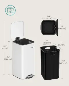 SONGMICS Trash Bin, Stainless Steel Waste Can, Pedal, with Inner Bucket, Soft Close, and Open Stay Capability, Cloud White