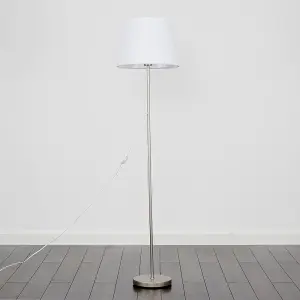 ValueLights Modern Standard Floor Lamp In Brushed Chrome Metal Finish With White Tapered Shade