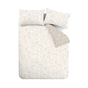 Bianca Brushed Cotton Floral Toile Reversible Duvet Cover Set with Pillowcase Natural