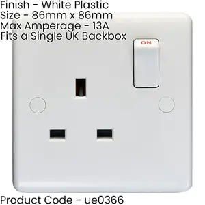 2 PACK 1 Gang Double Pole 13A Switched UK Plug Socket - WHITE Wall Power Outlet