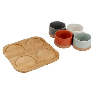 URBNLIVING 5 Pc Stoneware Serving Condiment Sets Snack Dishes Bamboo Board Platter