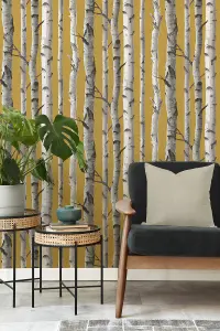 Fine Decor Birch Trees Mustard Wallpaper FD43290