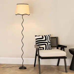 ValueLights Wiggle Black Metal Single Stem Floor Lamp with Linen Scallop Black Trim Tapered Shade