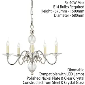 Flemish Ceiling Pendant Chandelier Polished Nickel & Crystal Curved 5 Lamp Light