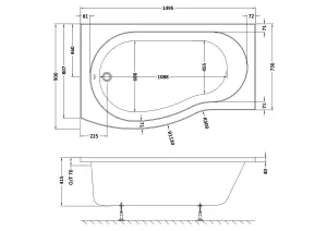 B Shape Left Hand Shower Bath Tub & Leg Set - 1500mm