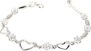 Trendy Sterling Silver Bracelet For Women With Heart Shaped Charm & Stones