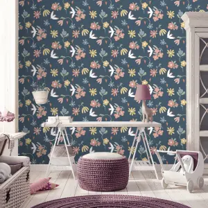 GoodHome Blitz Navy & Multicolour Flowers Textured Wallpaper