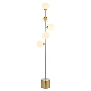 Luminosa Grosseto Multi Arm Floor Lamp Satin Brass Plate, Gloss White Glass