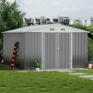 10x12ft Grey Apex Metal Garden Storage Shed Outdoor  Storage Shed with Lockable Double Door