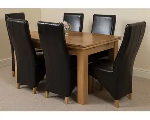 Richmond 140cm - 220cm Oak Extending Dining Table and 6 Chairs Dining Set with Lola Black Leather Chairs