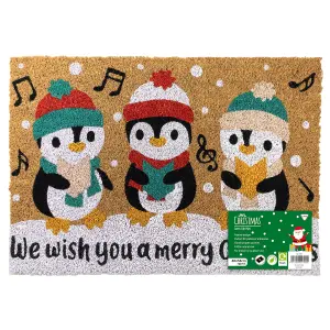 JVL Latex Christmas Coir Door Mats - 40 x 58cm - Penguins