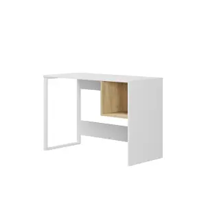 Decortie Model-4 1100(D)cm Computer Desk White and Oak Workstation PC Work Table Office Gaming Desk Shelf with White Metal Leg