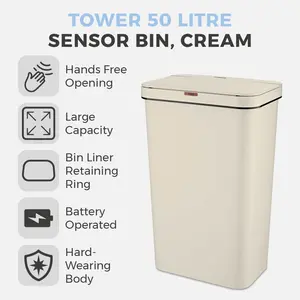 Tower T838005 Sensor Bin with Retainer Ring, Battery-Operated, 50L Cream