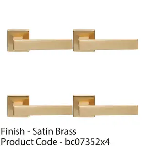 4 PACK - Contemporary Flat Door Handle Set - Satin Brass Sleek Lever on Square Rose