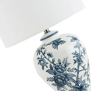 Traditional White Gloss Ceramic Lamp Base with Navy Blue Floral and Bird Decor