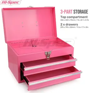 Hi-Spec Pink Steel Metal Chest & Drawers Tool Organiser Box / Carry Case: High-Gloss Finish Portable Storage for Everyday Use