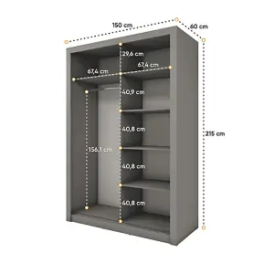 Modern Sliding Door Wardrobe with Mirror & Organiser Shelves in Grey (H2150mm x W1500mm x D600mm)