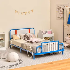 Costway Single Size Kids Bed Frame Car Shaped Platform Metal Bed Base w/ Upholstered Headboard