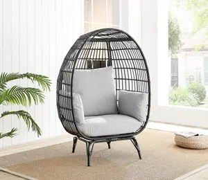 Furniturebox UK Black Rattan Garden Egg Chair PE Resin Rattan for Outdoors and Luxuriously Thick Cushions - Garden & Patio Chair