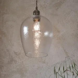 Luminosa Livorno Dome Pendant Ceiling Light Bright Nickel Plate, Clear Hammered Glass