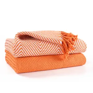 EHC Luxury Pack of 2 Chevron Cotton Single Sofa Throw Blanket, 125x 150cms - Orange