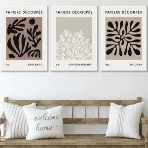 Set of 3 Matisse Style Floral Cut Out Brown & Black Wall Art Prints / 50x70cm / White Frame