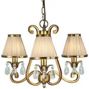 Esher Ceiling Pendant Chandelier Brass Crystal & Beige Shades 3 Lamp Light