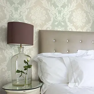 Seabrook Floral Damask Stria Sage Wallpaper Acrylic Coated Paper Traditional