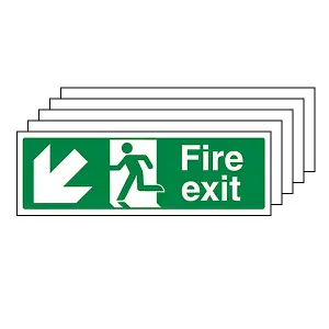 5x FIRE EXIT Safety Sign Arrow Down Left - GitD Plastic - 300x100mm