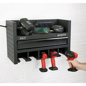 560mm Wall-Mounted Power Tool Storage Rack with Drawer and Power Strip for 5 Tools