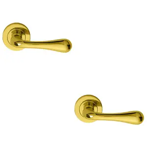 2 PACK - Concealed Door Handle Set - Polished Brass Lever on Round Rose Rotund End