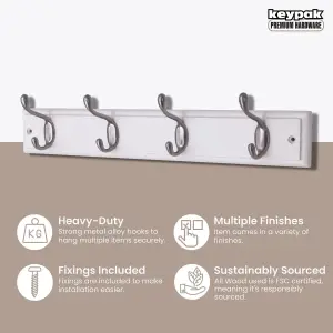 keypak 4-Hook Wall-Mounted Coat Rack, 45cm - White Wooden Board, Satin Nickel Coat Hooks - Fixings Included