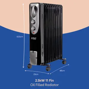 Russell Hobbs Electric Heater 2500W Black 11 Fin Oil Filled Radiator with 2 Year Guarantee RHOFR1106B