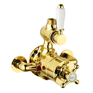 ENKI Downton English Gold White Traditional Top Outlet Brass Thermostatic Twin Shower Valve T70