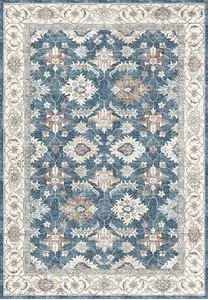 Blue Bordered Floral Rug For Bedroom, & Living Room, 7mm Thick Stain-Resistant Traditional Rug - 60cm X 180cm