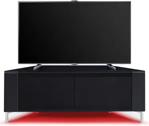 MDA Designs CORVUS Corner-Friendly Black Cabinet with BeamThru Glass Doors for Flat Screen TVs up to 50" with LED Lights