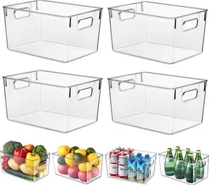 Fridge Organiser With Handles, 4 Pack Clear Pantry Organizer Bins, Food Storage Basket For Kitchen, Countertops, Cabinets, Refrigerator, Freezer,