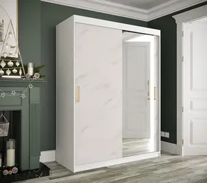 Stylish White Geneva T2 Sliding Door Wardrobe W1500mm H2000mm D620mm - Modern Design, Mirrored Door, Gold Handles