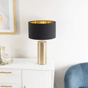 ValueLights Lexy Antique Brass Touch Table Lamp with Black/Gold Shade