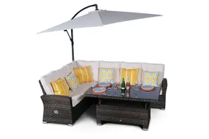 Seville Outdoor Rattan Garden Corner Sofa Dining Set with 3m Parasol - Brown