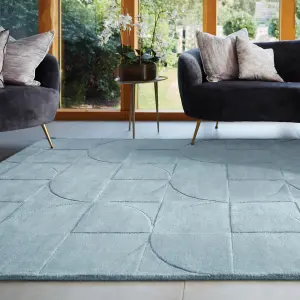 Blue Geometric Wool Handmade , Luxurious , Modern , Optical/ (3D) Easy to clean Living Room and Bedroom Rug-120cm X 170cm